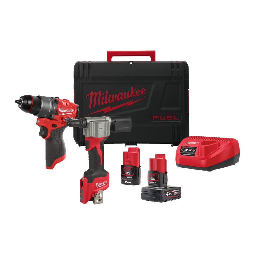 Milwaukee 4933480593 M12 FPP2D2-422X Powerpack M12 FPD2 Trapano a percussione + M12 BPRT Rivettatrice cieca 12V 4,0/2,0Ah in HD Box