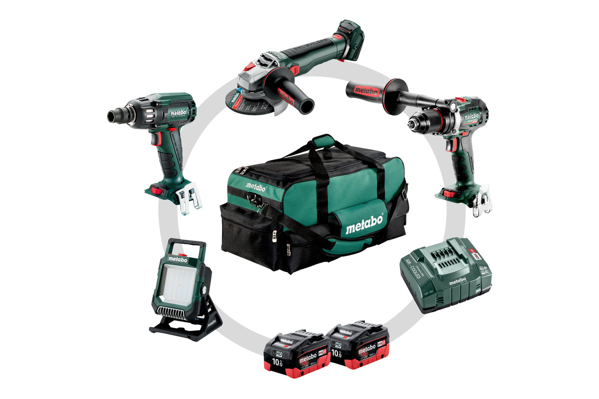 Metabo 685209000 Set combo 4.3.2 LiHD 18V 10.0Ah - Trapano a batteria BS18LTX BL I + Smerigliatrice WB18LT BL + Avvitatore a impulsi SSW18LTX400 BL + Lampada BSA18 685209000