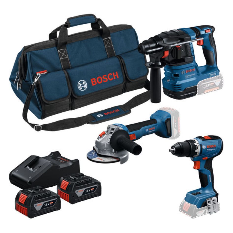 Bosch Professional 0615A50094 Kit di batterie 3 macchine 18V 2x 18V 4.0Ah e caricatore GAL 18V-40 in borsa attrezzi