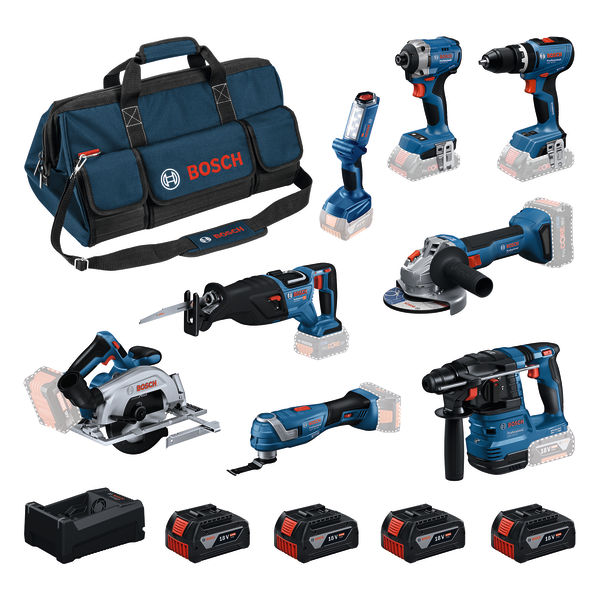Bosch Professional 0615V00061 Kit di batterie 8-toolkit 18V GBH 18V-22, GWS 18V-8, GDR 18V-215, GSB 18V-65, GKS 18V-57-2, GSA 18V-28, GOP 18V-34, GLI 18V-300 4x GBA 5.0Ah e caricabatterie GAL 12V/18V-80 in borsa attrezzi
