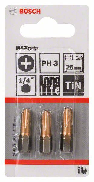 Bosch Professional Accessori 2607001548 Bit di vite Max Grip PH3, 25 mm 3x