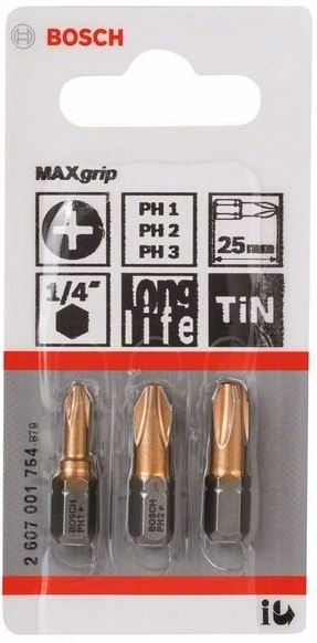 Bosch Professional Accessori 2607001754 Set di 3 pezzi per viti Maxgrip PH1-PH2-PH3, 25 mm