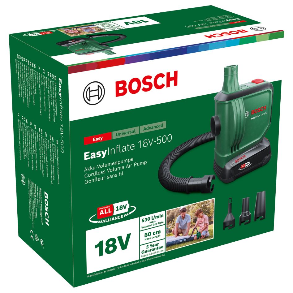 Bosch DIY 0603947201 EasyInflate 18V-500 Set di pompe volumetriche a batteria 1x 2,0 Ah e caricabatterie AL 18V-20 nella confezione