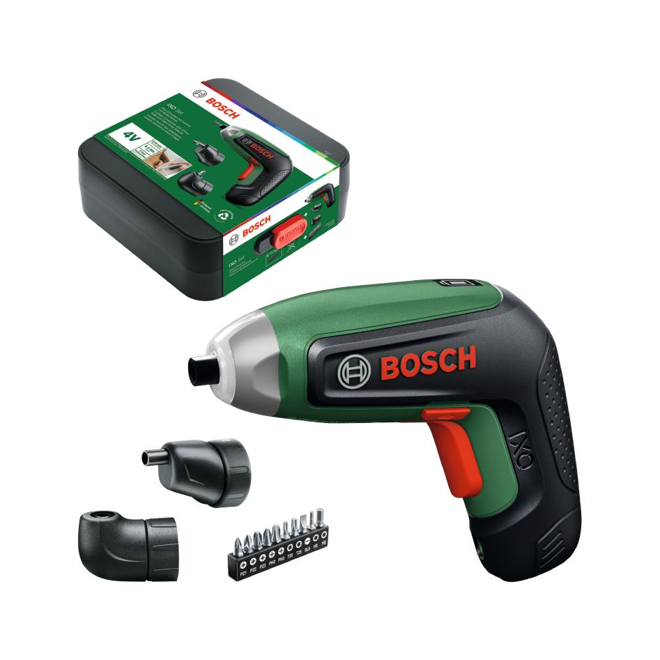 Bosch DIY 06039G4001 Set di avvitatori a batteria IXO 8 4V 1x batteria 4V 2.0Ah con attacco angolare e attacco eccentrico + set di punte da 10 pezzi in scatola di custodia