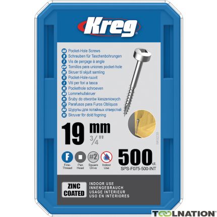 Kreg SPS-F075-500-INT Viti per fori tascabili da 19 mm zincate con testa a croce e filettatura fine 500 pezzi - 1