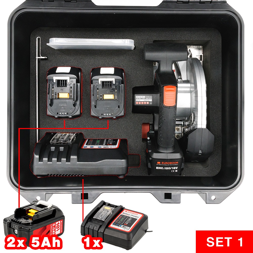 Euroboor EHC.150/18V 5Ah Sega circolare a batteria da 18 V 150 mm con 2x 5Ah e caricabatterie in valigetta
