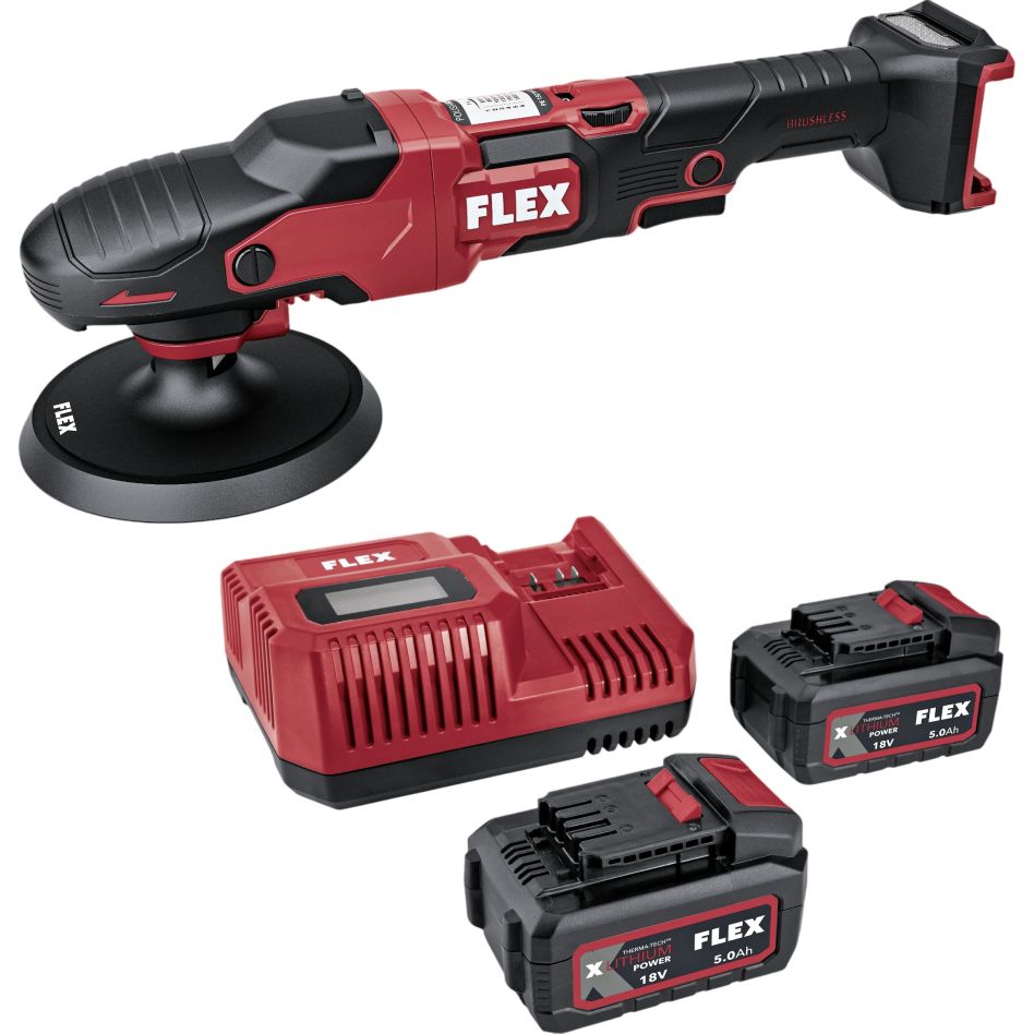 Flex-tools 534654 PE 2 18-EC Set lucidatrice rotativa a batteria 18 V, 150 mm, con 2 batterie da 5,0 Ah e caricabatterie, in confezione