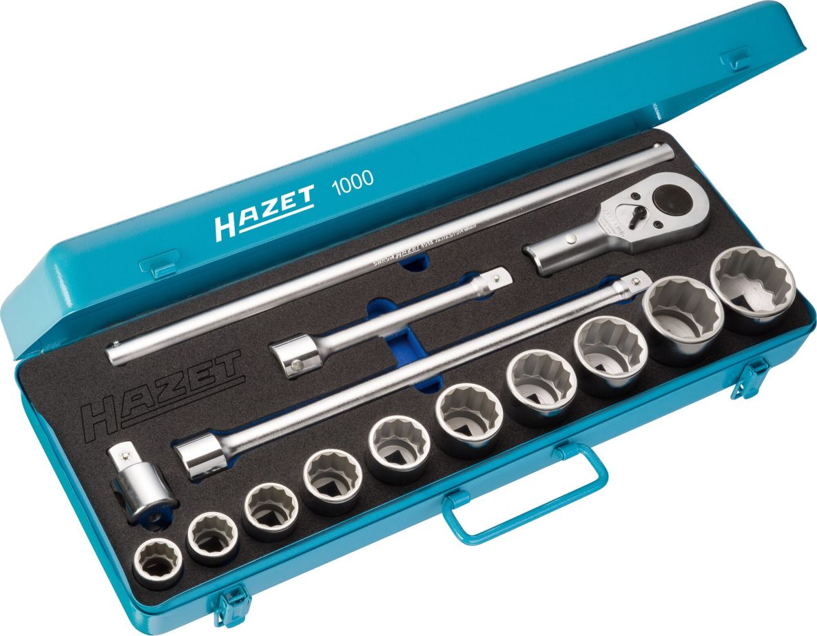 Hazet 1000Z Set di chiavi a bussola da 3/4" a sezione quadrata cava, profilo esterno dodecagonale, 15 pezzi