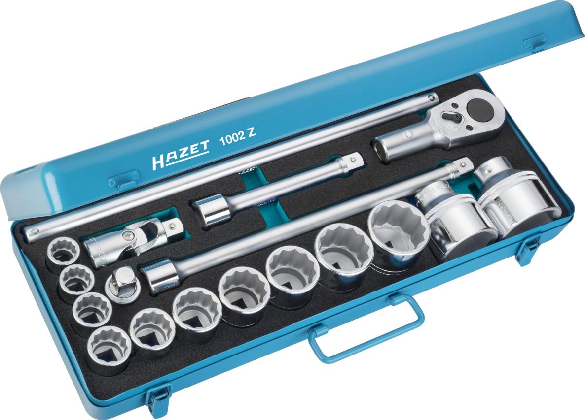 Hazet 1002Z Set di chiavi a bussola da 3/4" a sezione quadrata cava con profilo esagonale per trazione esterna, 18 pezzi
