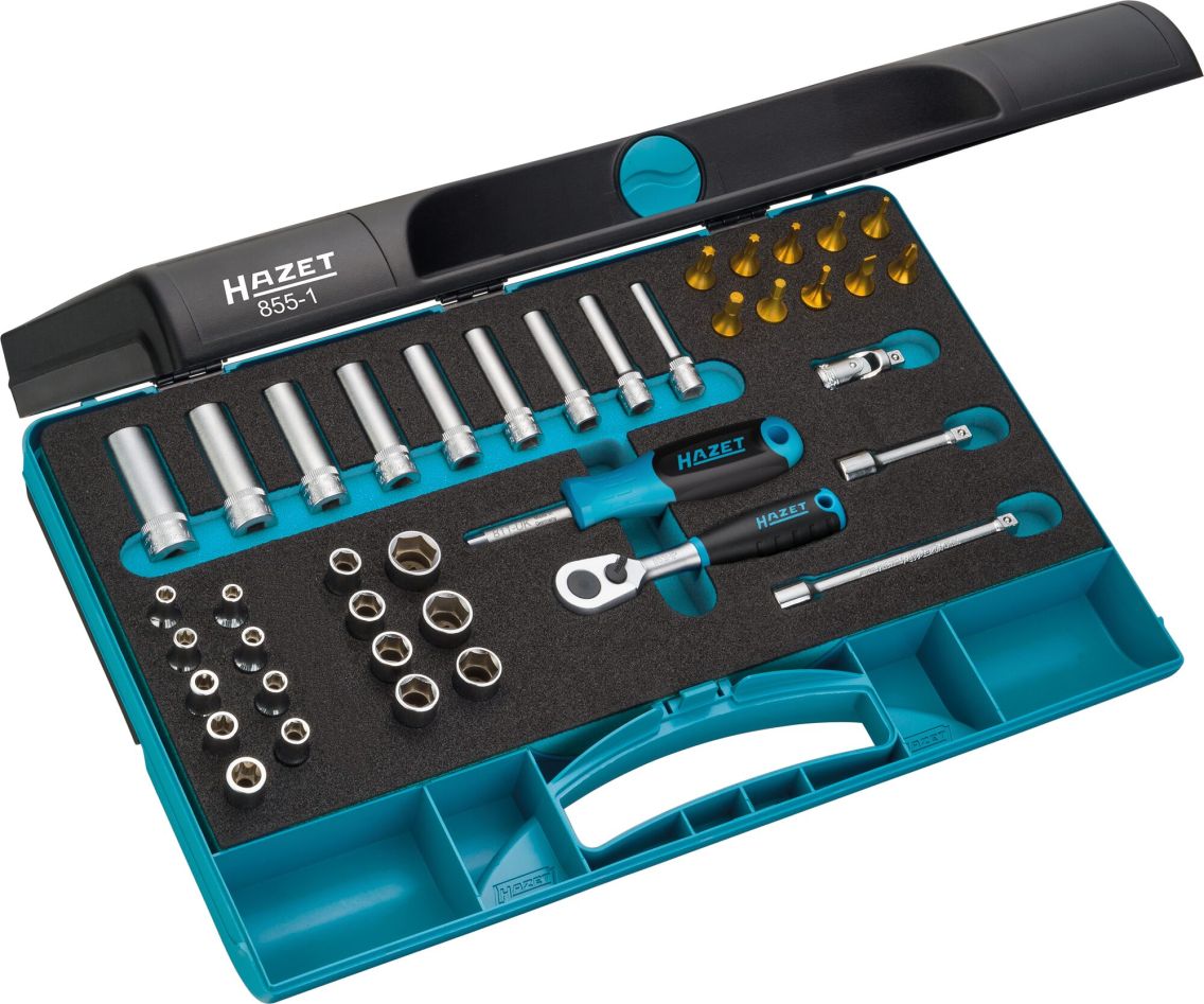 Hazet 855-1 Set di chiavi a bussola da 1/4", 40 pezzi, comprensivo di profili: quadrato esterno, Torx, Torx interno, a fessura, PH e esagono interno