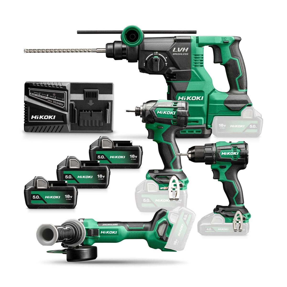 HiKOKI KC18DEWHZ Comboset - Trapano a batteria DS18DE + trapano a percussione WR18DC + smerigliatrice G1813DA + martello combinato DH1826DA 18V 5.0Ah Li-Ion in borsa