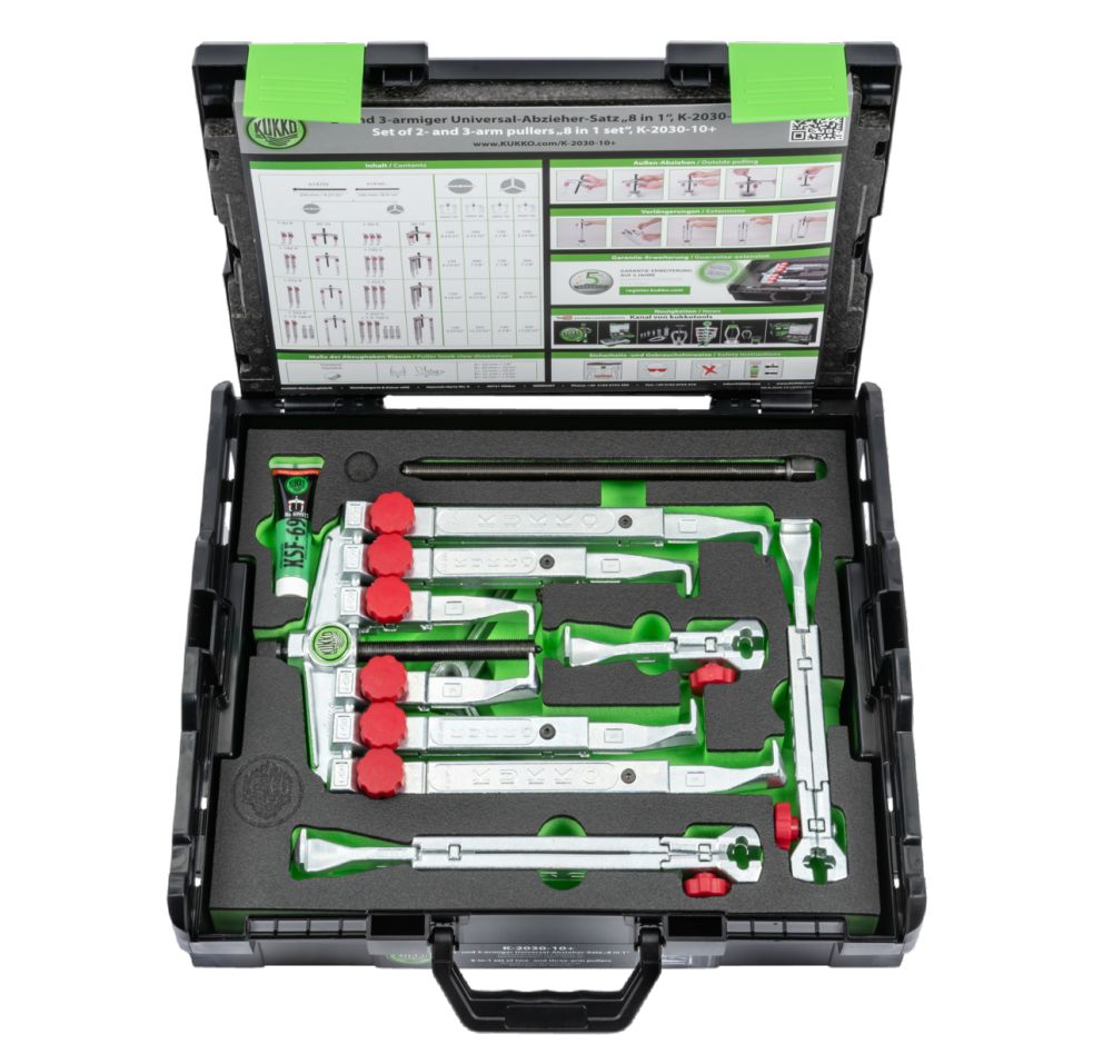KUKKO K-2030-10+ Set di estrattori universali per meccanica fine a 2 e 3 bracci con ganci di estrazione a regolazione rapida in valigetta