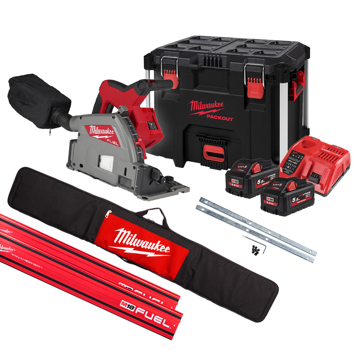 Milwaukee M18FPS55-552PSET Sega a batteria 18V 5,5Ah Li-Ion + 2 guide da 1400 mm + morsetti + borsa nella cassetta degli attrezzi PACKOUT