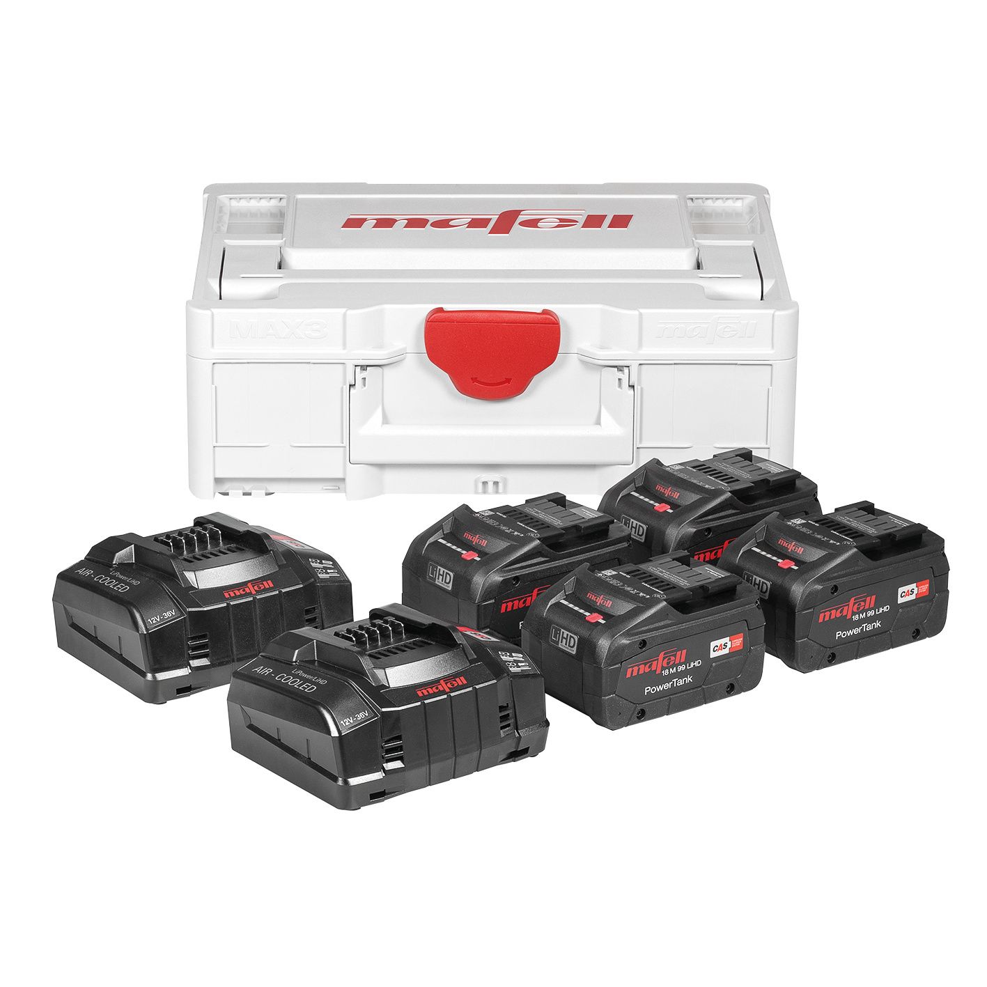 Mafell Accessori 209633 Power-Set 5 - 4 batterie LiHD M 99 da 18 M, 18 V, 5,5 Ah + 2 caricabatterie rapidi APS M+ in valigetta Max3