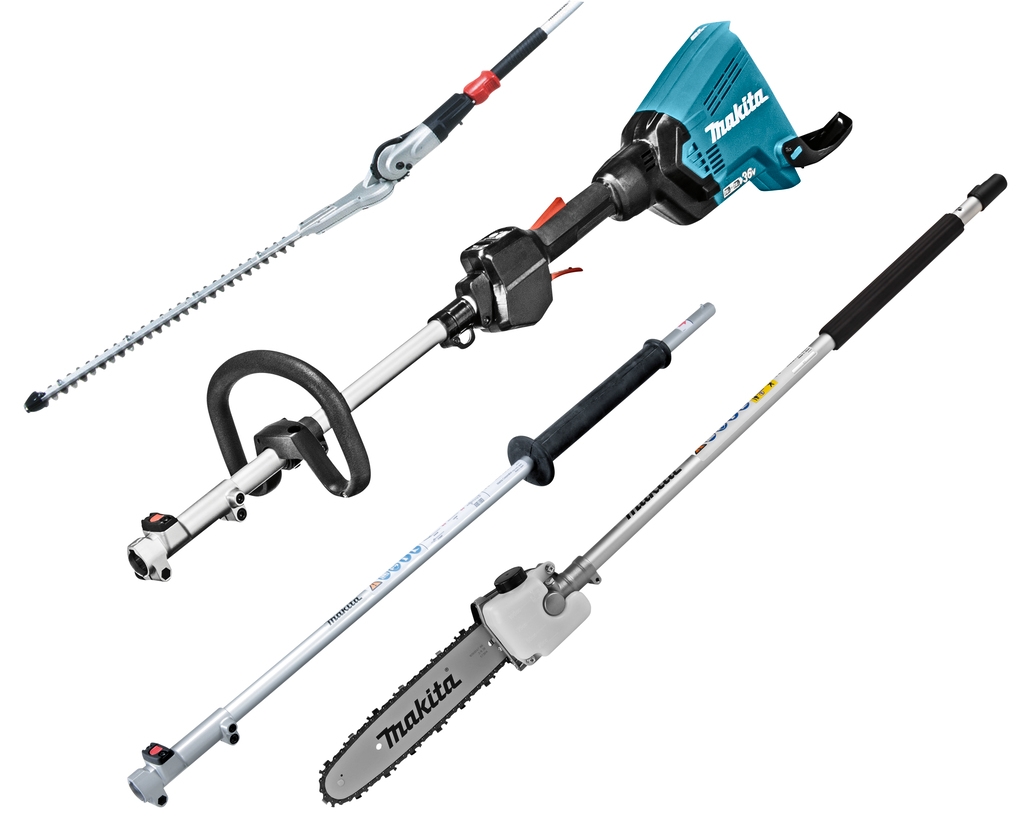 Makita DUX60ZX10 Accu Combi System con impugnatura a D 2 x 18V, batterie e caricabatterie esclusi + Tagliasiepi, Motosega e Attacco per manico allungato