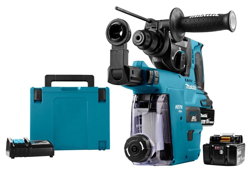 Makita DHR242RTJW Martello combinato 18 Volt 5,0 AH Li-ion + aspirazione integrata DX06 con filtro Hepa