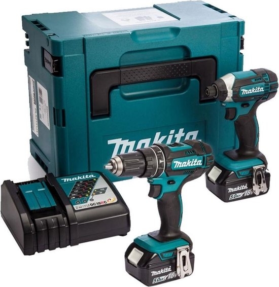 Makita DLX2131TJ - Trapano a percussione a batteria DHP482 + avvitatore a percussione a batteria DTD152 18 Volt 5,0 Ah Li-ion