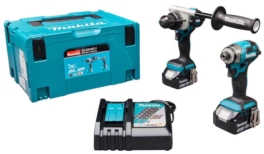 Makita DLX2549TJ Set combinato LXT 18 V con trapano a percussione e avvitatore a batteria, 2 batterie da 18 V 5,0 Ah e caricabatterie rapido nella confezione Mbox