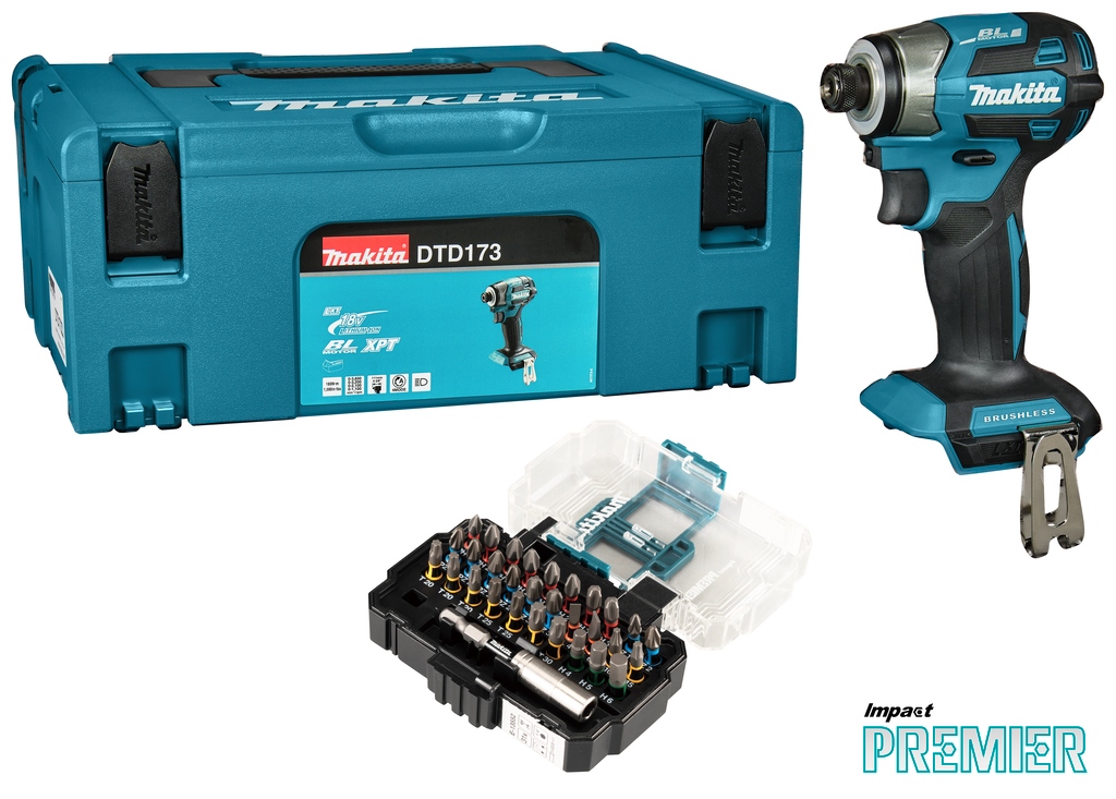 Makita DTD173ZJX1 Avvitatore a percussione a batteria LXT 18 V, senza batterie e caricabatterie, in Mbox con set di bit