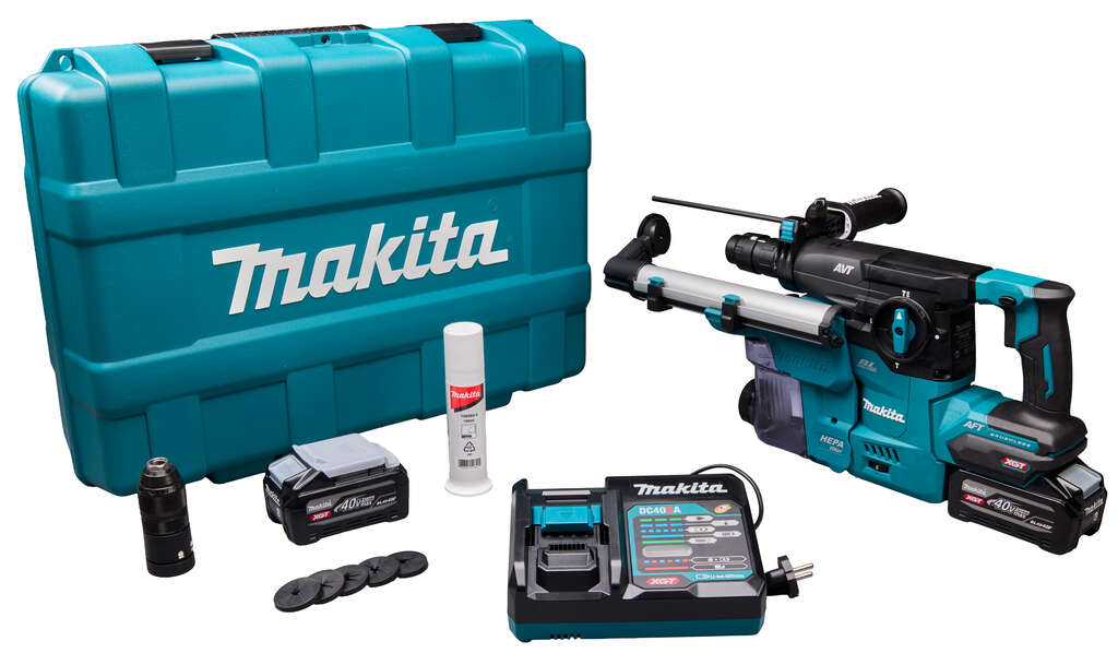 Makita HR009GU201 Martello combinato XGT 40V Max a batteria, 30 mm, 2 batterie da 40V 4,0 Ah e caricabatterie rapido + sistema di aspirazione della polvere in valigetta di plastica