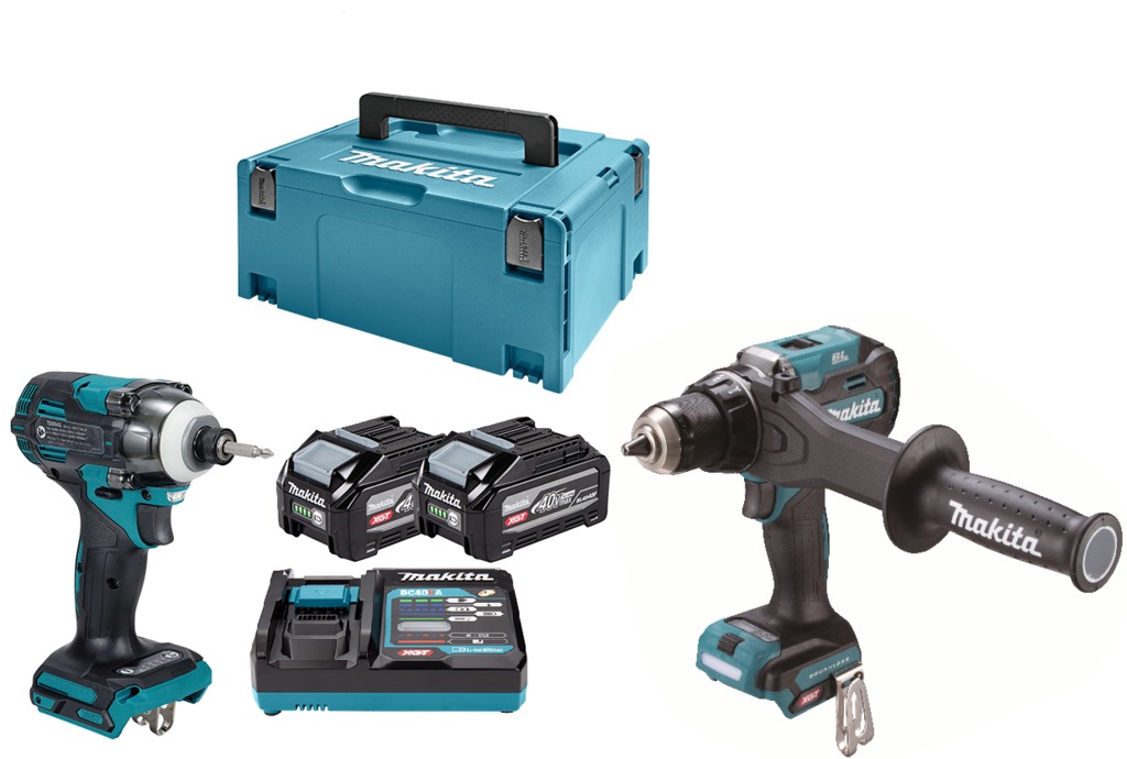 Makita DK0256G201 Set combinato XGT 40 V Max con trapano e avvitatore a percussione, comprensivo di 2 batterie da 4,0 Ah e caricabatterie rapido nella Mbox