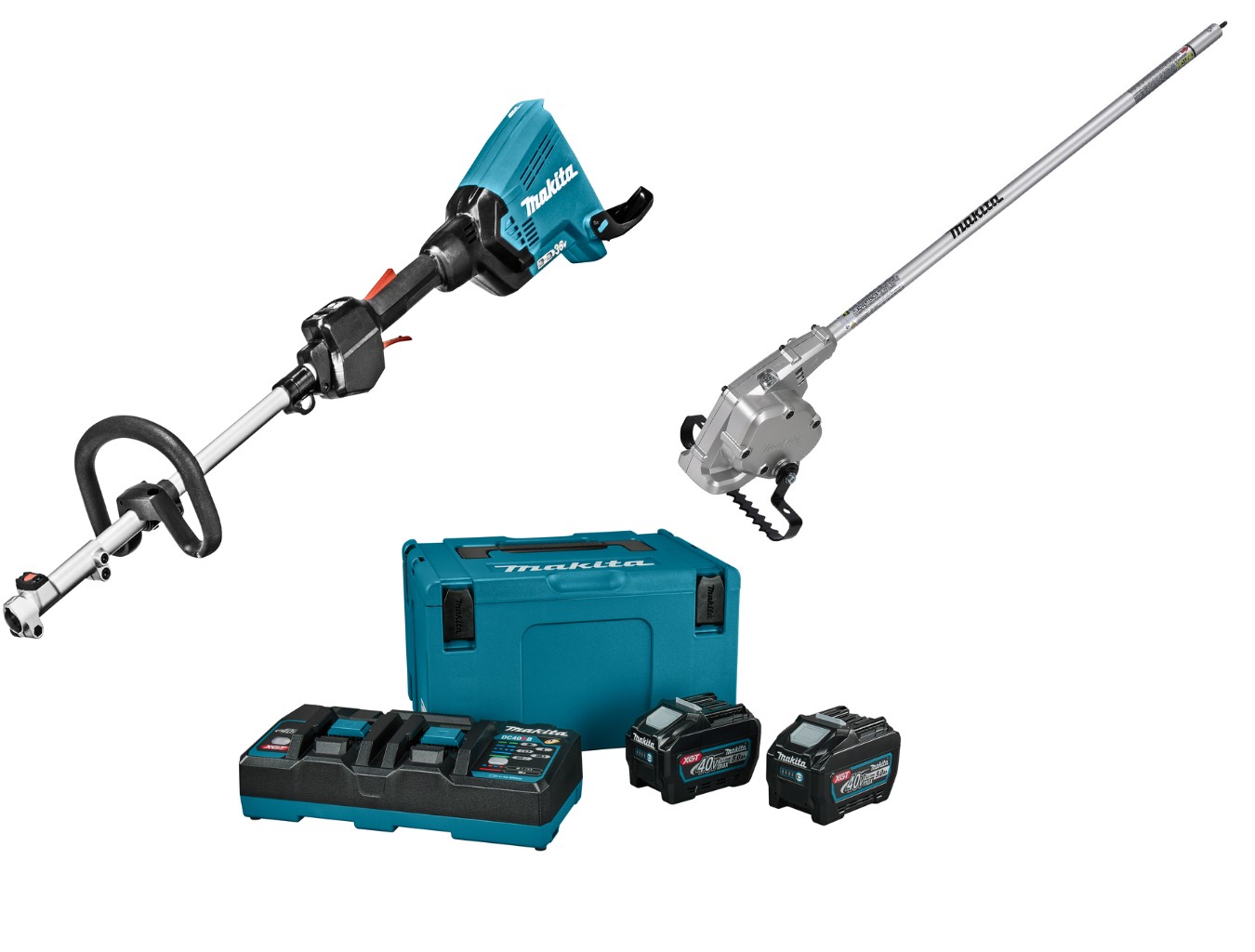 Makita DUX60T4NL1 Accu Combisystem impugnatura a D 2 x 18V + accessorio zappetta per erbacce + Starter Set LXT DC18RD + 4x BL1850B