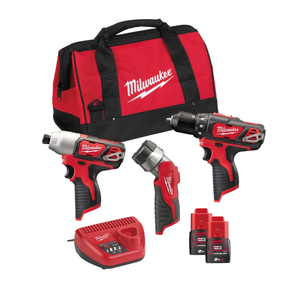 Milwaukee 4933441225 M12BPP3A-202B Powerpack M12BDD Trapano + M12BID Avvitatore a impulsi + Lampada M12 TLED 12V 2,0Ah