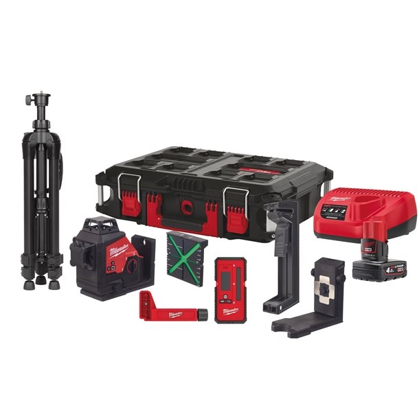 Milwaukee 4933478960 M12 3PLKIT-401P Laser a linee incrociate con 3 cerchi laser verdi a 360° ioni di litio 12V 4,0Ah