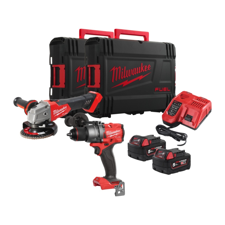 Milwaukee 4933492516 Set combinato M18 FPP2E3-502X - Trapano a percussione a batteria M18 FPD3 + Smerigliatrice a batteria M18 FSAG125X 18V 5.0Ah Li-Ion in HD Box