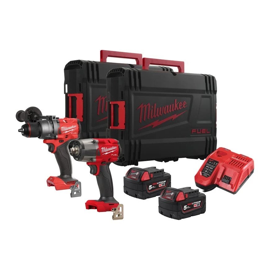 Milwaukee 4933492518 M18 FPP2F3-502X Powerpack 18V 5,0Ah Li-Ion - Trapano a percussione M18FPD3 + Avvitatore a percussione M18FMTIW2F12 1/2 in confezione HD
