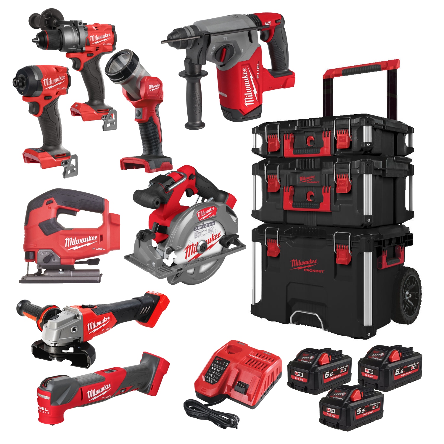 Milwaukee 4933499240 M18 FPP8E-553P M18 FUEL™ Powerpack 8 macchine 18V 5,5Ah Li-Ion in carrello PackOut 4933499240