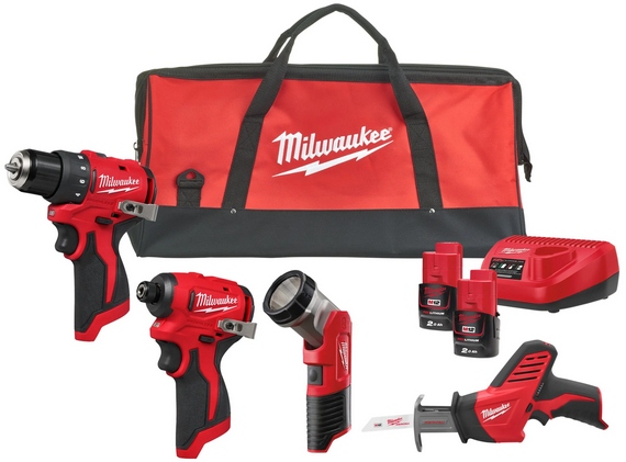 Milwaukee 4933499693 M12 BLPP4A Powerpack 4 macchine 2x 2,0Ah e caricabatterie in confezione Contractor
