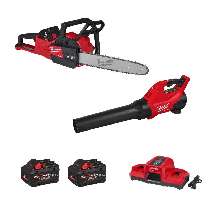 Milwaukee 4933500228 M18 Combipack Accu motosega e soffiatore di foglie 2x 18V 8.0Ah batteria e caricatore