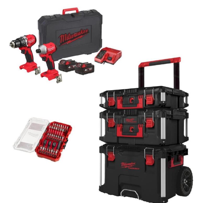 Milwaukee BlackFridayComboPack Set di offerte - M18 BLCPP2A-402C + set di carrelli PackOut + set di punte Impact Duty