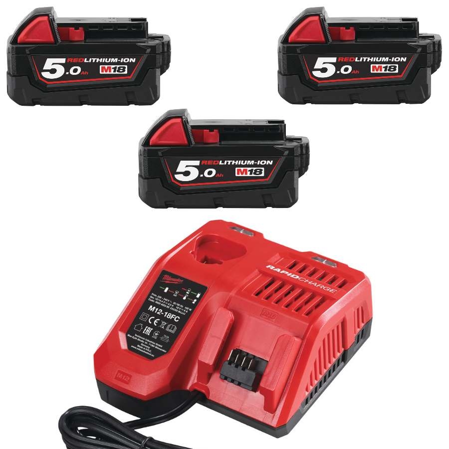 Milwaukee Accessori 4933451423 M18 NRG-503 - M18 B5 TRIO Pack 18V 5,0Ah ioni di litio rosso + caricatore M12-18FC
