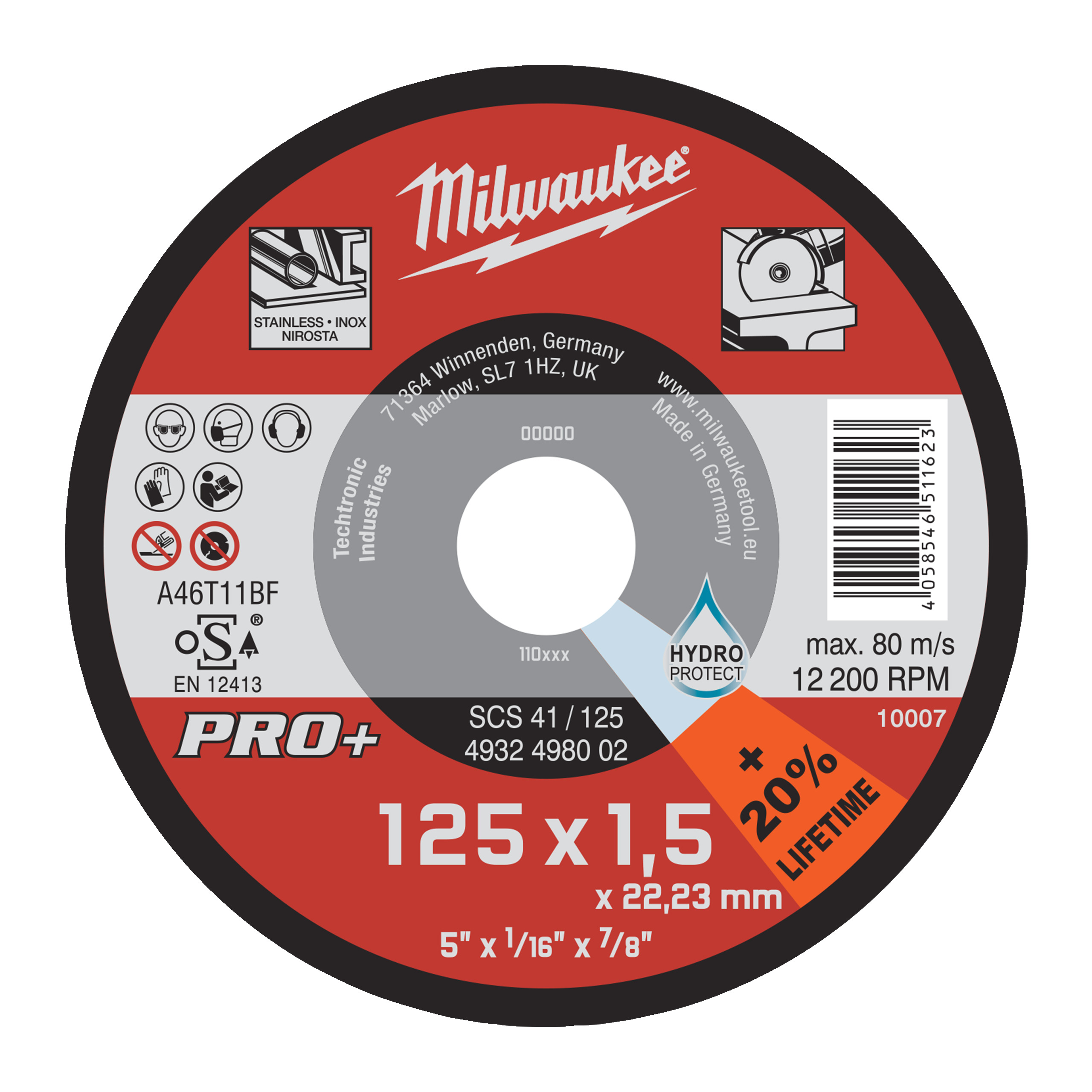 Milwaukee Accessori 4932498002 Dischi da taglio per metalli sottili PRO+ SCS 41 / 125 x 1,5 x 22 mm - 1 pz.