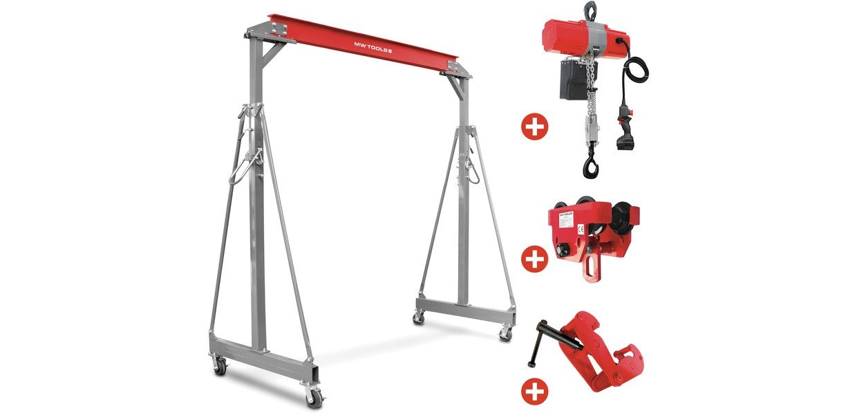 MW-Tools 7298400903 PTLK1-SETKTB Gru a cavalletto da 1 tonnellata e paranco a catena a batteria da 36 V, incluso carrello e morsetto per travi