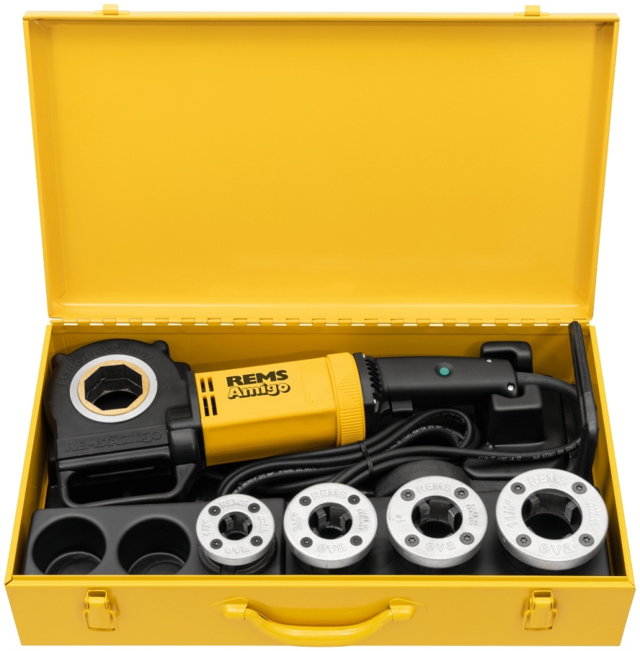 Rems 530020 R220 Amigo Set R 1/2-3/4-1-1 1/4 Ferro per filettare elettrico con teste di taglio a cambio rapido