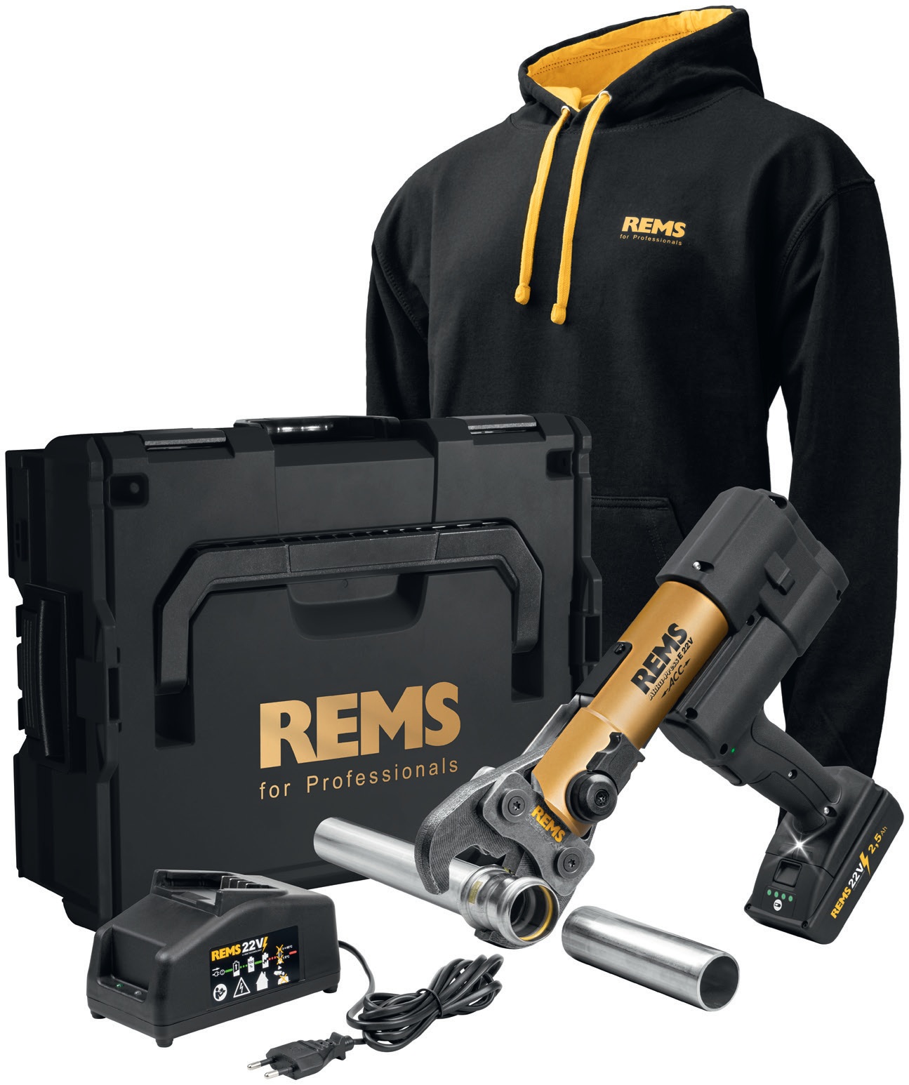 Rems 576X19 RG220 EDIZIONE LIMITATA Akku-Press E 22 V ACC Gold 2026 Accu-Press 1x 22V 2.5Ah batteria e caricatore rapido in L-Boxx + REMS Hoody nero