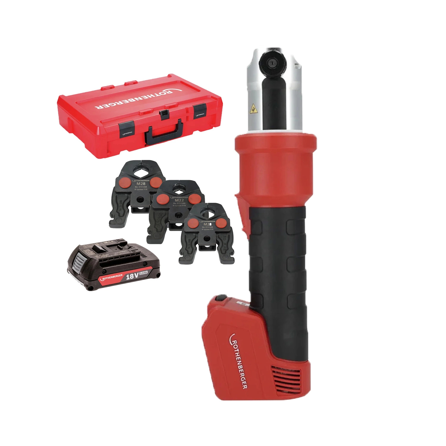 Rothenberger 1000005050 Set ROMAX NANO iJAWs: pressa a batteria ibrida da 18 V, comprensivo di ganasce U15-22-28, 1 batteria da 2,0 Ah e caricabatterie in valigetta