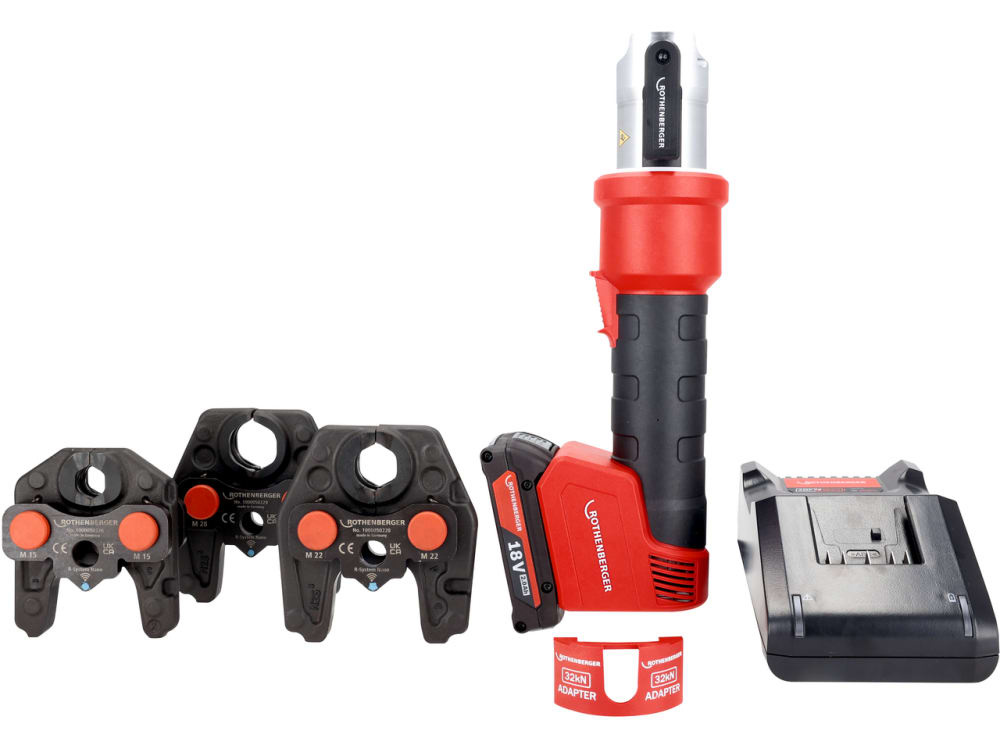 Rothenberger 1000005492 Set ROMAX NANO iJAWs: pressa a batteria ibrida da 18 V con ganasce di pressatura M15-22-28, 1 batteria da 2,0 Ah e caricabatterie in valigetta