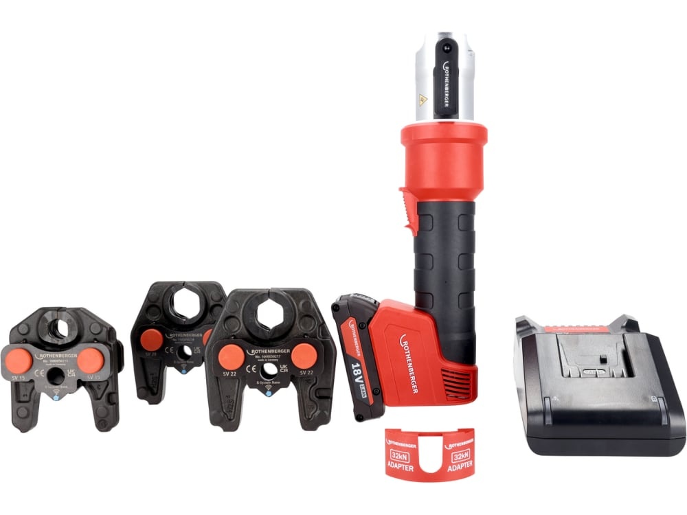Rothenberger 1000005494 Set ROMAX NANO iJAWs: pressa a batteria ibrida da 18 V con ganasce SV15-22-28, 1 batteria da 2,0 Ah e caricabatterie in valigetta