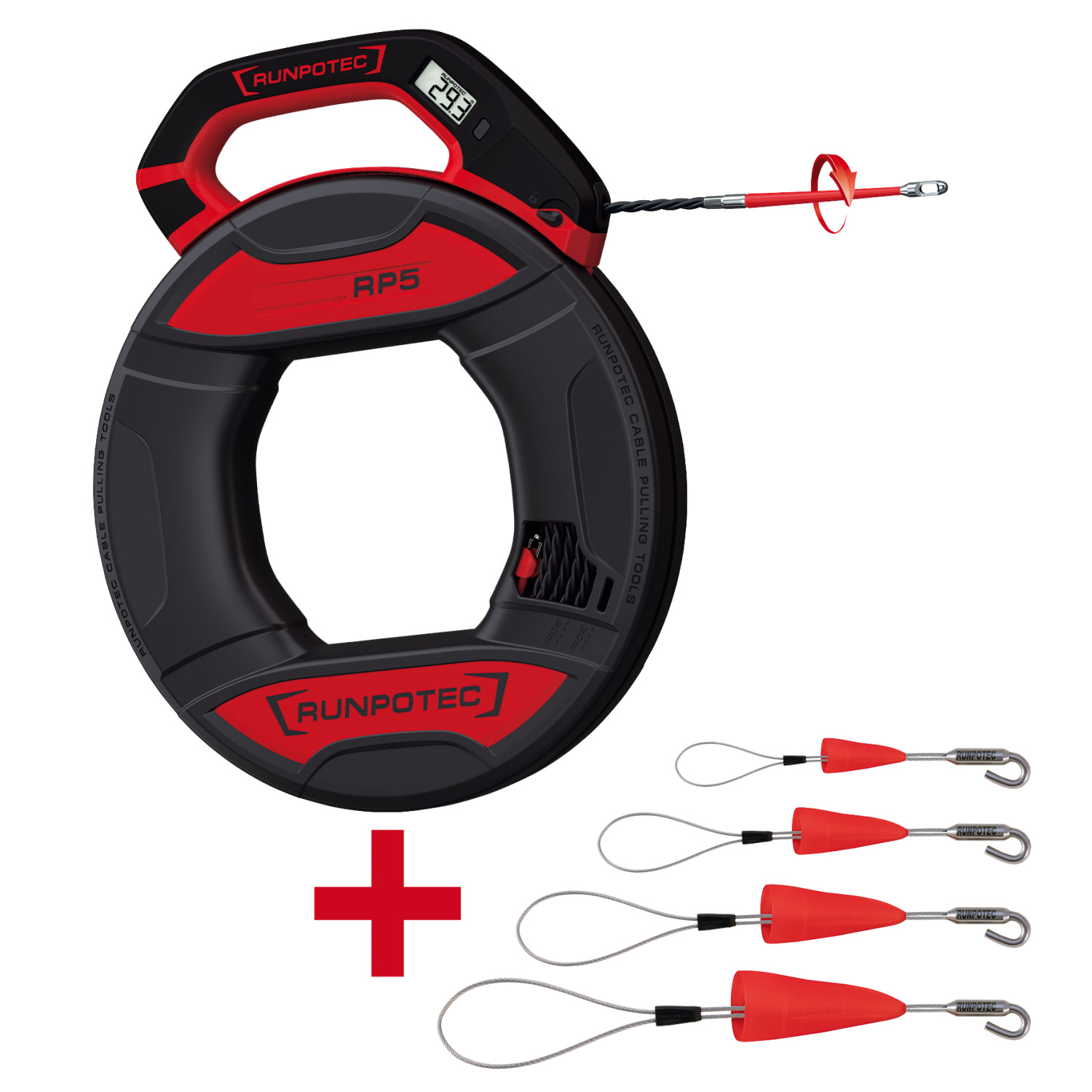 Runpotec 90011153 Set di cavi di trazione RUNPO da 30 m con misuratore di lunghezza integrato + Set di anelli di trazione RUNPO con gancio, 4 pezzi