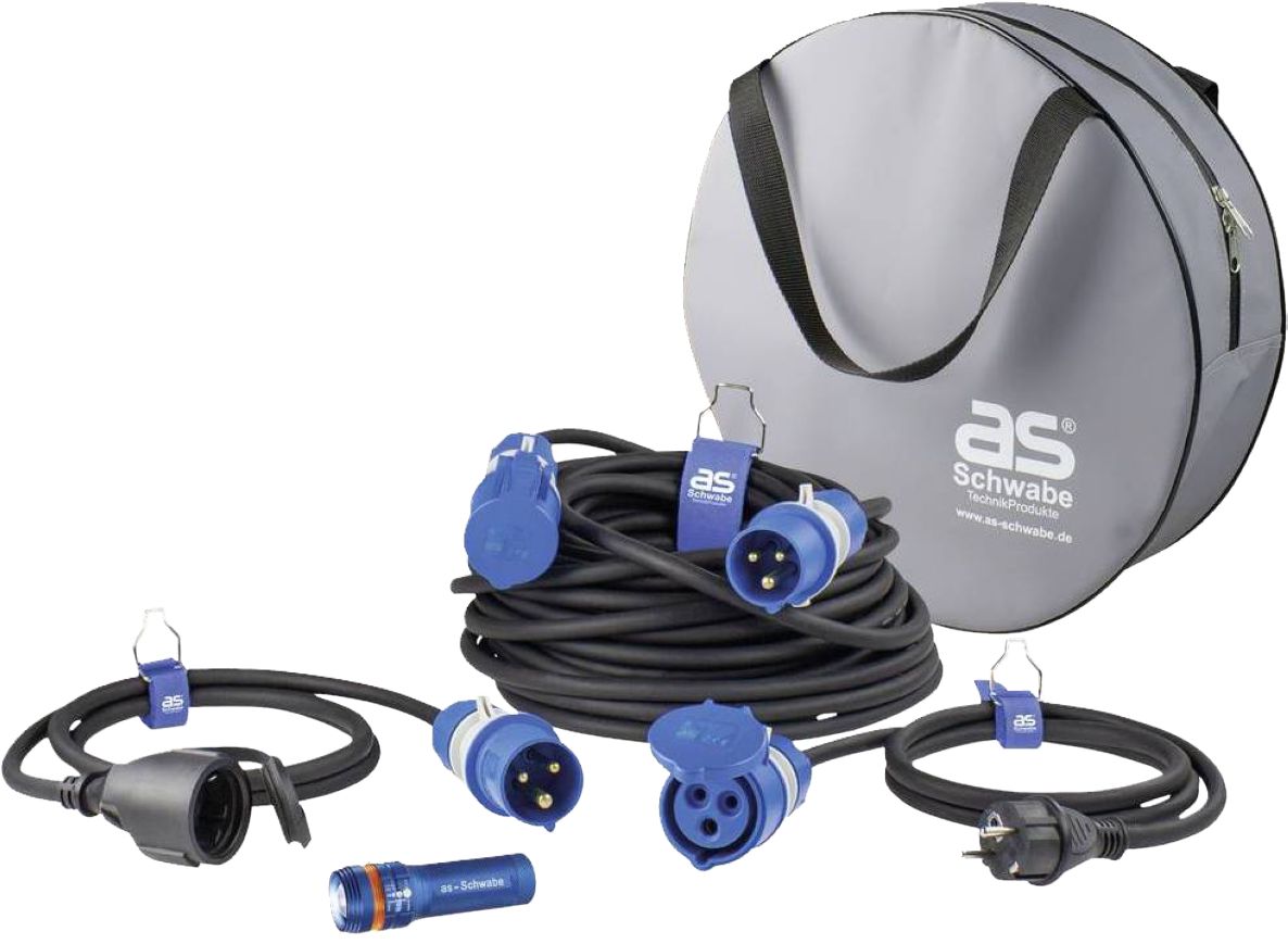 Schwabe 19705 Set da campeggio: Cavo di prolunga Powerlight H07RN-F 3G2,5 25m + cavi adattatori + torcia